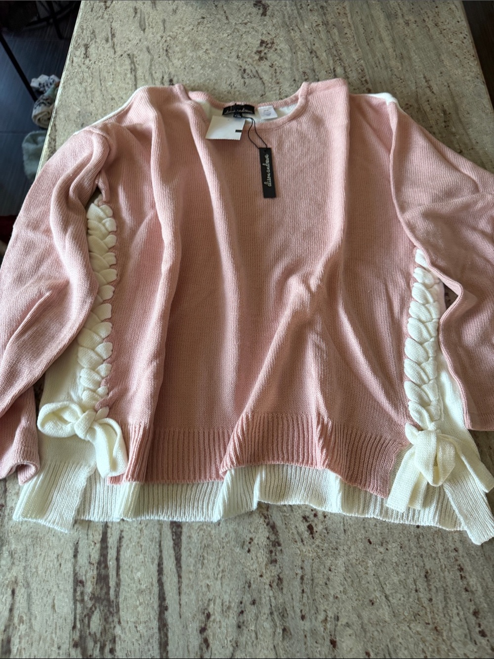 Pink and White Crewneck Sweater with white Braided Side Ties